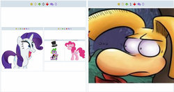 Size: 799x425 | Tagged: safe, pinkie pie, rarity, spike, derpibooru, g4, exploitable meme, juxtaposition, juxtaposition win, meme, meta, pizap, rayman, timing