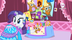 Size: 1920x1080 | Tagged: safe, screencap, rarity, trenderhoof, pony, g4, simple ways, bell jar, clothes, dress, fanfilly, horn, horn ring, pointing, shrine, smiling