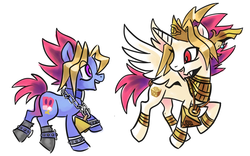 Size: 1079x674 | Tagged: safe, artist:needsmoarg4, alicorn, earth pony, pony, atem, colt, duo, male, millennium puzzle, ponified, simple background, stallion, white background, yami yugi, yu-gi-oh!, yugi muto