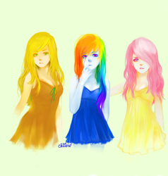 Size: 952x1000 | Tagged: safe, artist:chiieru, applejack, fluttershy, rainbow dash, human, g4, clothes, dress, humanized, light skin, pony coloring