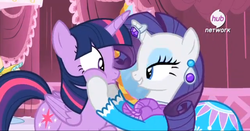 Size: 720x376 | Tagged: safe, screencap, rarity, twilight sparkle, alicorn, pony, unicorn, g4, season 4, simple ways, clothes, dress, duo, female, hooves on cheeks, horn, horn ring, hub logo, lidded eyes, mare, out of context, ring, squishy cheeks, twilight sparkle (alicorn)