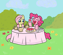 Size: 1280x1117 | Tagged: safe, artist:marindashy, fluttershy, pinkie pie, g4, alternate hairstyle, cupcake, ponytails, tea, tea party, teacup, teapot