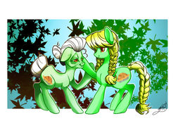 Size: 1779x1297 | Tagged: safe, artist:opalacorn, granny smith, earth pony, pony, g4, duality, duo, older, younger