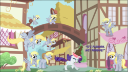 Size: 1370x776 | Tagged: safe, derpy hooves, rarity, pegasus, pony, g4, abuse, chocolate, chocolate fountain, female, mare, raribuse