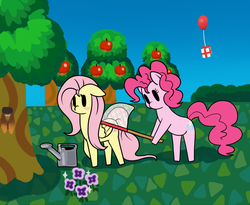 Size: 1100x900 | Tagged: safe, artist:marindashy, fluttershy, pinkie pie, earth pony, pegasus, pony, g4, animal crossing, floppy ears, net, tree, video game