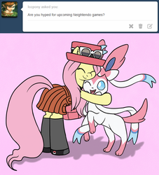 Size: 1000x1100 | Tagged: safe, artist:marindashy, fluttershy, sylveon, g4, ask, clothes, cosplay, costume, cute, dress, female, fluttershy answers, hat, hug, mare, pokémon, serena (pokémon), shyabetes, skirt, sunglasses, tumblr