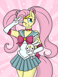 Size: 900x1200 | Tagged: safe, artist:marindashy, angel bunny, fluttershy, anthro, g4, anime, clothes, cosplay, costume, crossover, duo, female, one eye closed, peace sign, sailor moon (series), wink