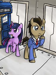 Size: 600x800 | Tagged: safe, artist:blueskirby, doctor whooves, time turner, twilight sparkle, earth pony, pony, unicorn, g4, crossover, doctor who, doctor whooves adventures, female, male, mare, stallion, tardis, the doctor