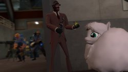 Size: 1192x670 | Tagged: safe, artist:fezwearingdoctor, oc, oc only, oc:fluffle puff, 3d, changeling horn, crossover, engineer, engineer (tf2), gmod, horn, knife, pyro (tf2), spy, spy (tf2), team fortress 2