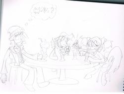 Size: 2133x1628 | Tagged: safe, artist:hombre cerdo, normal norman, oc, oc:hope, bat pony, mothpony, original species, satyr, g4, background human, milkshake, monochrome, offspring, parent:lyra heartstrings