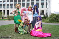 Size: 1024x683 | Tagged: artist needed, safe, applejack, fluttershy, pinkie pie, rainbow dash, rarity, twilight sparkle, human, g4, clothes, convention, cosplay, dress, gala dress, irl, irl human, mane six, photo, tekkoshocon, tekkoshocon 2012