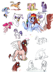 Size: 1000x1338 | Tagged: safe, artist:tsebresos, applejack, fluttershy, gilda, pinkie pie, rainbow dash, rarity, twilight sparkle, oc, alicorn, griffon, pony, g4, eyes closed, female, looking at you, looking back, mane six, mare, open mouth, prone, pronking, raised eyebrow, raised hoof, running, sketch dump, smiling, traditional art, twilight sparkle (alicorn)