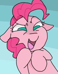 Size: 333x423 | Tagged: safe, artist:meowing-ghost, pinkie pie, earth pony, pony, g4, >:d, abstract background, female, floppy ears, half body, hooves to the chest, mare, no pupils, open mouth, reaction image, solo