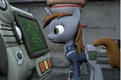 Size: 480x320 | Tagged: safe, artist:argodaemon, oc, oc only, oc:littlepip, pony, unicorn, fallout equestria, 3d, animated, blinking, clipping, clothes, cutie mark, fanfic, fanfic art, female, gif, hat, hooves, horn, hot dog, jumpsuit, licking, loop, mare, nuzzling, pipboy, pipbuck, smiling, solo, source filmmaker, vault suit, wat