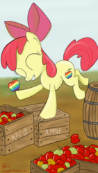 Size: 720x1280 | Tagged: safe, artist:orang111, apple bloom, earth pony, pony, g4, apple, barrel, box, cutie mark, female, filly, food, solo, zap apple