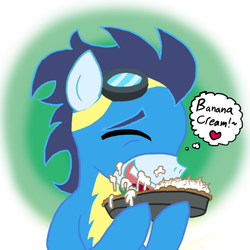Size: 700x700 | Tagged: safe, artist:ficficponyfic, soarin', pegasus, pony, g4, eating, gluttony, male, messy eating, pie, solo, stallion, that pony sure does love pies, wonderbolts uniform