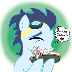 Size: 700x700 | Tagged: safe, artist:ficficponyfic, soarin', pegasus, pony, g4, eating, gluttony, male, messy eating, pie, solo, stallion, that pony sure does love pies