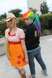 Size: 1366x2048 | Tagged: safe, applejack, rainbow dash, human, g4, cosplay, irl, irl human, photo