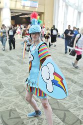 Size: 640x960 | Tagged: artist needed, safe, rainbow dash, human, g4, convention, cosplay, helmet, irl, irl human, photo, rule 63, sakura con, sakura con 2013, shield, sword, weapon