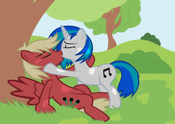 Size: 1052x744 | Tagged: safe, dj pon-3, vinyl scratch, oc, oc:quickshots, g4, canon x oc, kissing, love