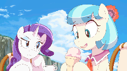 Size: 960x540 | Tagged: safe, artist:deannart, coco pommel, rarity, earth pony, pony, unicorn, animated, anime, blinking, chair, cocobetes, cup, cute, duo, eating, female, food, frame by frame, gif, hnnng, ice cream, licking, mare, observer, open mouth, raised eyebrow, raribetes, sitting, sky, smiling, style emulation, sweet dreams fuel, table, tea, tongue out, weapons-grade cute