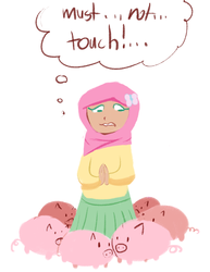 Size: 617x800 | Tagged: artist needed, safe, fluttershy, human, pig, g4, animal, dialogue, hijab, humanized, islam, islamashy, light skin, request, thought bubble