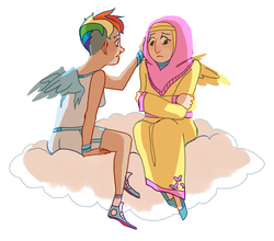 Size: 1070x940 | Tagged: safe, artist:twylluan, fluttershy, rainbow dash, human, g4, backlighting, cloud, comforting, hijab, humanized, islam, islamashy, light skin, piercing, short hair, sitting, winged humanization