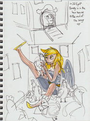 Size: 2450x3294 | Tagged: safe, artist:asterdog, derpy hooves, chicken, human, g4, may the best pet win, animal, chicken coop, humanized, indoors, light skin, partial color, scene interpretation, traditional art