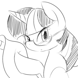 Size: 600x600 | Tagged: safe, artist:yajima, twilight sparkle, g4, female, glasses, monochrome, pixiv, scroll, solo