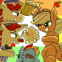 Size: 600x600 | Tagged: safe, artist:yajima, applejack, flam, flim, rainbow dash, g4, the super speedy cider squeezy 6000, cider, crying, flim flam brothers, pixiv