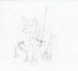 Size: 2755x2537 | Tagged: safe, artist:kepernyos, oc, oc only, alicorn, pony, black and white, blindfold, grayscale, justicia, monochrome, scale, solo, sword, traditional art