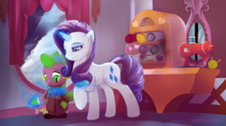 Size: 1400x786 | Tagged: safe, artist:mechagen, rarity, spike, g4, blushing, carousel boutique, clothes, coat, dressing, gloves, interior, magic, scarf, sewing machine, snow, spikelove, winter