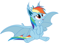 Size: 8200x6000 | Tagged: safe, artist:magister39, rainbow dash, bat pony, pony, g4, absurd resolution, bat ponified, cute, dashabetes, fangs, female, frown, open mouth, race swap, rainbowbat, simple background, sitting, solo, spread wings, transparent background, vector