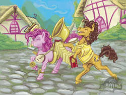 Size: 3600x2700 | Tagged: safe, artist:substantiallyuseless, cheese sandwich, pinkie pie, pony, g4, pinkie pride, accordion, banjo, bipedal, eyes closed, female, harmonica, male, musical instrument, ship:cheesepie, shipping, sousaphone, straight, tuba