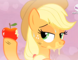 Size: 436x334 | Tagged: safe, screencap, applejack, earth pony, pony, g4, simple ways, apple, apple juice, applejuice meme, female, juice, mare, messy eating, out of context, solo, stupid sexy applejack, sweat