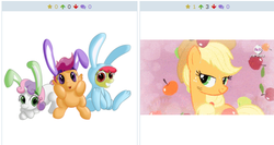 Size: 508x270 | Tagged: safe, apple bloom, applejack, scootaloo, sweetie belle, derpibooru, g4, my little pony: friendship is magic, simple ways, bedroom eyes, cutie mark crusaders, exploitable meme, juxtaposition, juxtaposition win, meme, meta