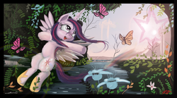 Size: 9720x5400 | Tagged: safe, artist:auroriia, twilight sparkle, alicorn, butterfly, pony, g4, absurd resolution, female, flower, flying, forest, mare, moon, smiling, solo, spread wings, twilight sparkle (alicorn), twilight starburst, water