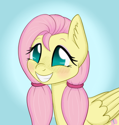 Size: 950x1000 | Tagged: safe, artist:marindashy, fluttershy, pegasus, pony, g4, alternate hairstyle, blushing, cute, eyeshadow, female, fluttershy answers, gradient background, grin, makeup, mare, pigtails, pink eyeshadow, shyabetes, smiling, solo, squee