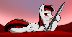 Size: 2280x1189 | Tagged: safe, artist:makc-hunter, oc, oc only, oc:blackjack, pony, unicorn, fallout equestria, fallout equestria: project horizons, blade lick, blushing, cutie mark, fanfic, fanfic art, female, hooves, horn, licking, lying down, mare, prone, solo, sword, tongue out