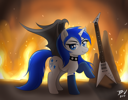 Size: 4500x3533 | Tagged: safe, artist:bluevisionpony, oc, oc only, bat pony, pony, succubus, clothes, fangs, fire, guitar, race swap, socks, solo
