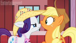 Size: 612x344 | Tagged: safe, screencap, applejack, rarity, g4, simple ways, angry, cowboy hat, eye contact, floppy ears, frown, glare, hat, rhinestone rarihick, stetson, wide eyes