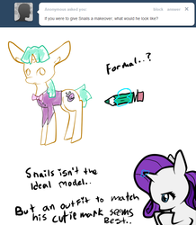 Size: 680x780 | Tagged: safe, artist:moonblizzard, rarity, snails, g4, ask, clothes, magic, pencil, rarity answers, tumblr