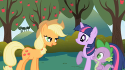 Size: 1366x768 | Tagged: safe, screencap, applejack, spike, twilight sparkle, g4, lidded eyes, out of context