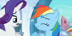 Size: 1366x690 | Tagged: safe, screencap, rainbow dash, rarity, g4, the crystal empire, laughing