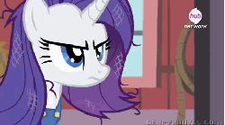 Size: 480x268 | Tagged: safe, screencap, rarity, pony, g4, simple ways, animated, country rarity, cracked hooves, dirty, female, frown, glare, hub logo, hubble, messy mane, overalls, rarihick, rope, solo, talking, the hub