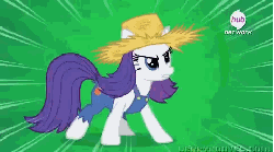 Size: 480x268 | Tagged: safe, screencap, rarity, pony, unicorn, g4, simple ways, animated, derp, faic, farmfilly, female, hat, horn, hub logo, hubble, i love being covered in mud, overalls, rarihick, solo, straw hat, tail, tail hole, the hub, youtube link