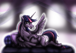 Size: 900x633 | Tagged: safe, artist:ambersolaen, twilight sparkle, alicorn, pony, g4, bed, female, frown, grumpy, mama twilight, mare, on side, open mouth, pregnant, solo, spread wings, twilight sparkle (alicorn)