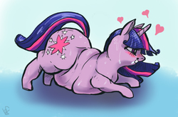 Size: 934x614 | Tagged: safe, artist:holotuff, twilight sparkle, pony, g4, fat, female, heart, hungry, mare, obese, profile, solo, sweat, twilard sparkle, weight gain