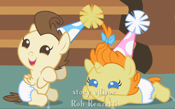 Size: 530x331 | Tagged: safe, screencap, pound cake, pumpkin cake, baby cakes, g4, baby, baby eyes, baby pony, cake twins, colt, cute, cute eyes, diabetes, diaper, diapered, diapered colt, diapered filly, diapered foals, female, filly, male, one month old colt, one month old filly, one month old foals, party hats, prone, siblings, twins, white diapers