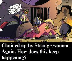 Size: 615x521 | Tagged: safe, artist:amy mebberson, edit, idw, official comic, big macintosh, queen trottingham, earth pony, hamster, pegasus, pony, friendship is magic #16, g4, cape, caption, clothes, comics, crown, doctor who, female, hamster of pygolia, jewelry, male, mare, parody, regalia, river song (doctor who), speech bubble, spoiler, stallion, tyrant, unsexy bondage